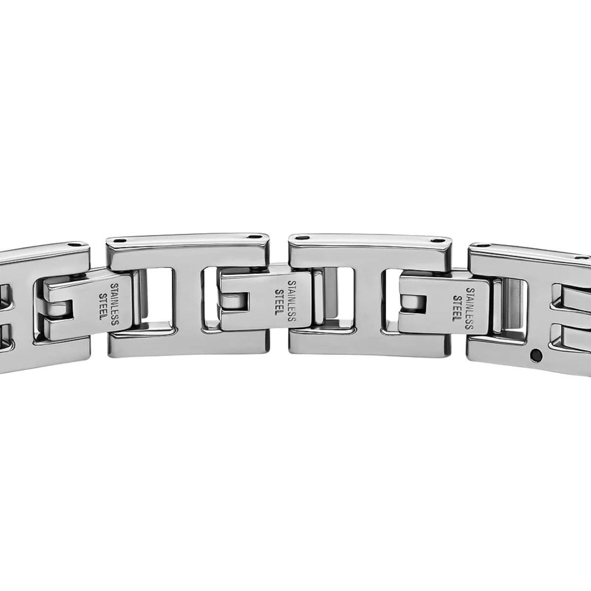 Stainless steel bracelet links with stamped markings on center plate