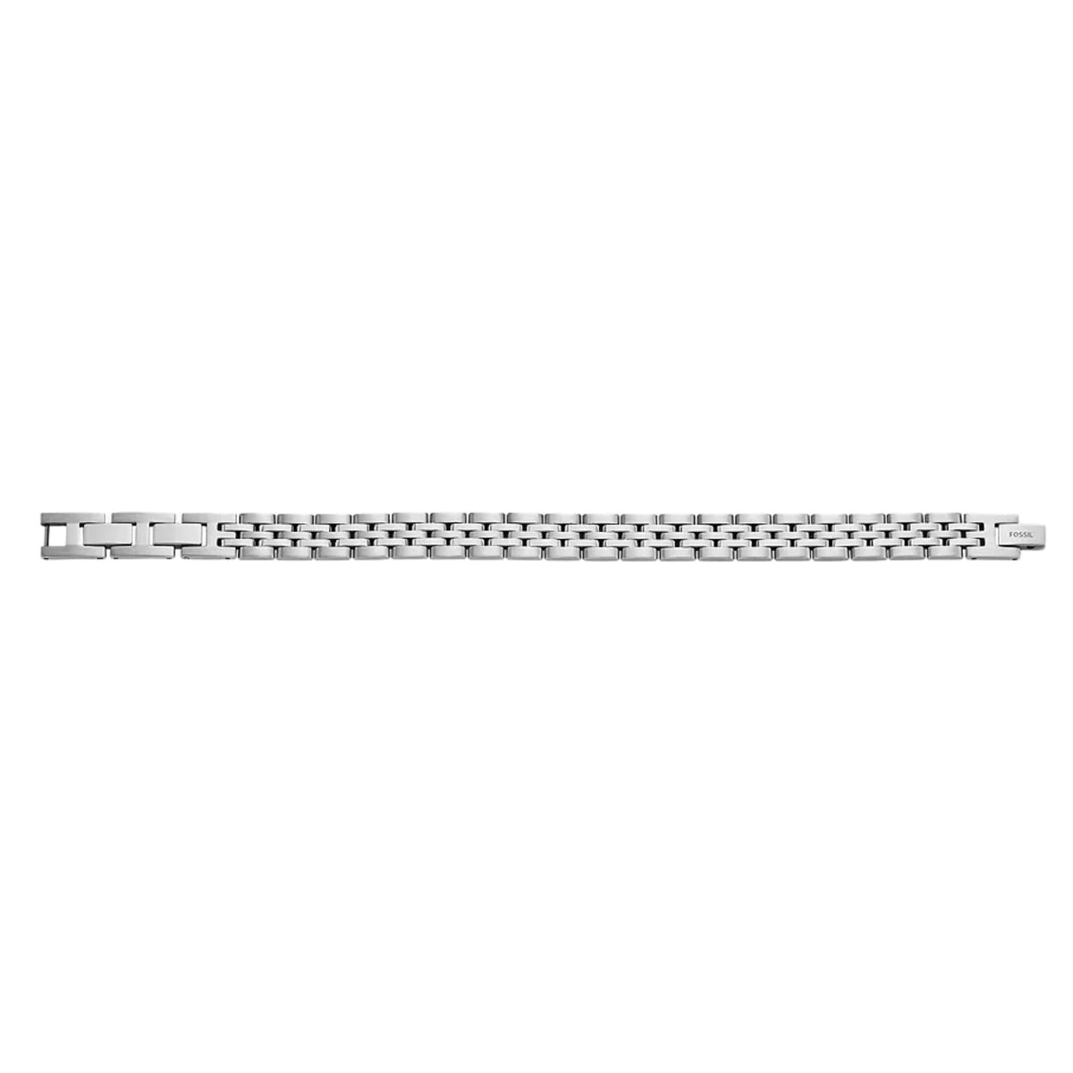 Stainless steel chain bracelet shown in profile with interlocking rectangular links
