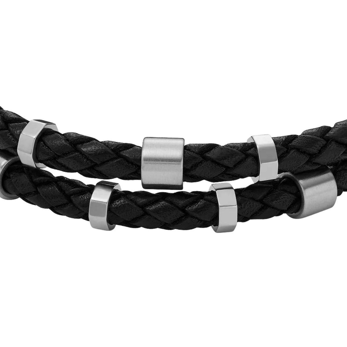 Black braided leather bracelet with silver-tone barrel-style spacers