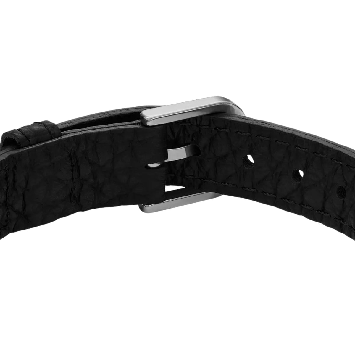 Black leather strap bracelet with silver-tone clasp buckle