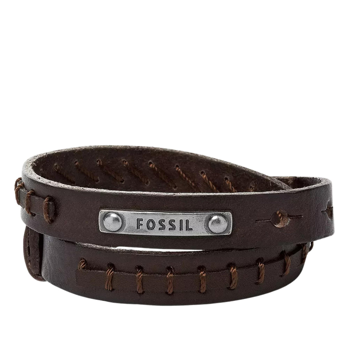 Fossil double-wrap leather men's bracelet, dark brown, silver clasp with brand logo
