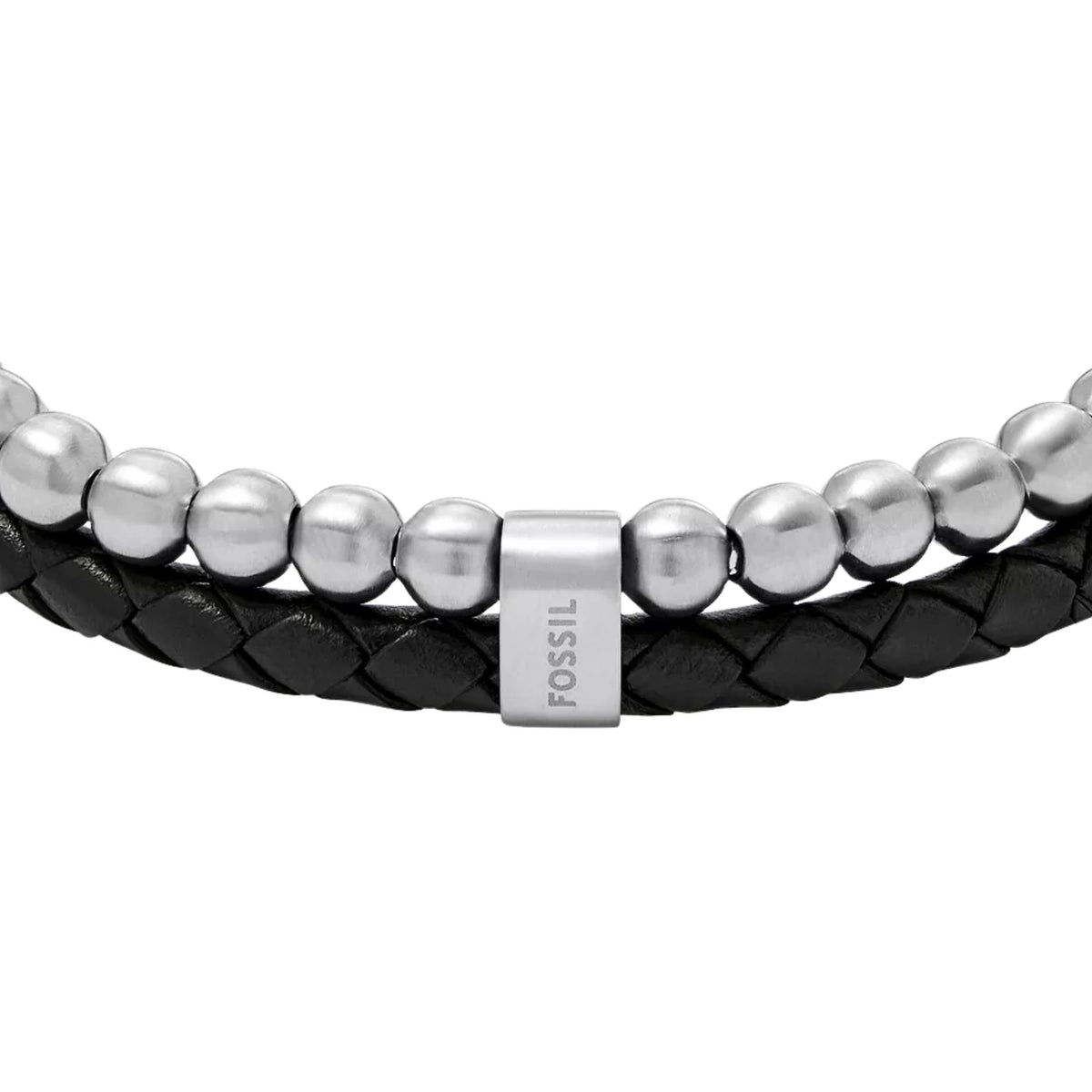 Men's black and silver-tone beaded leather bracelet with Fossil center tag