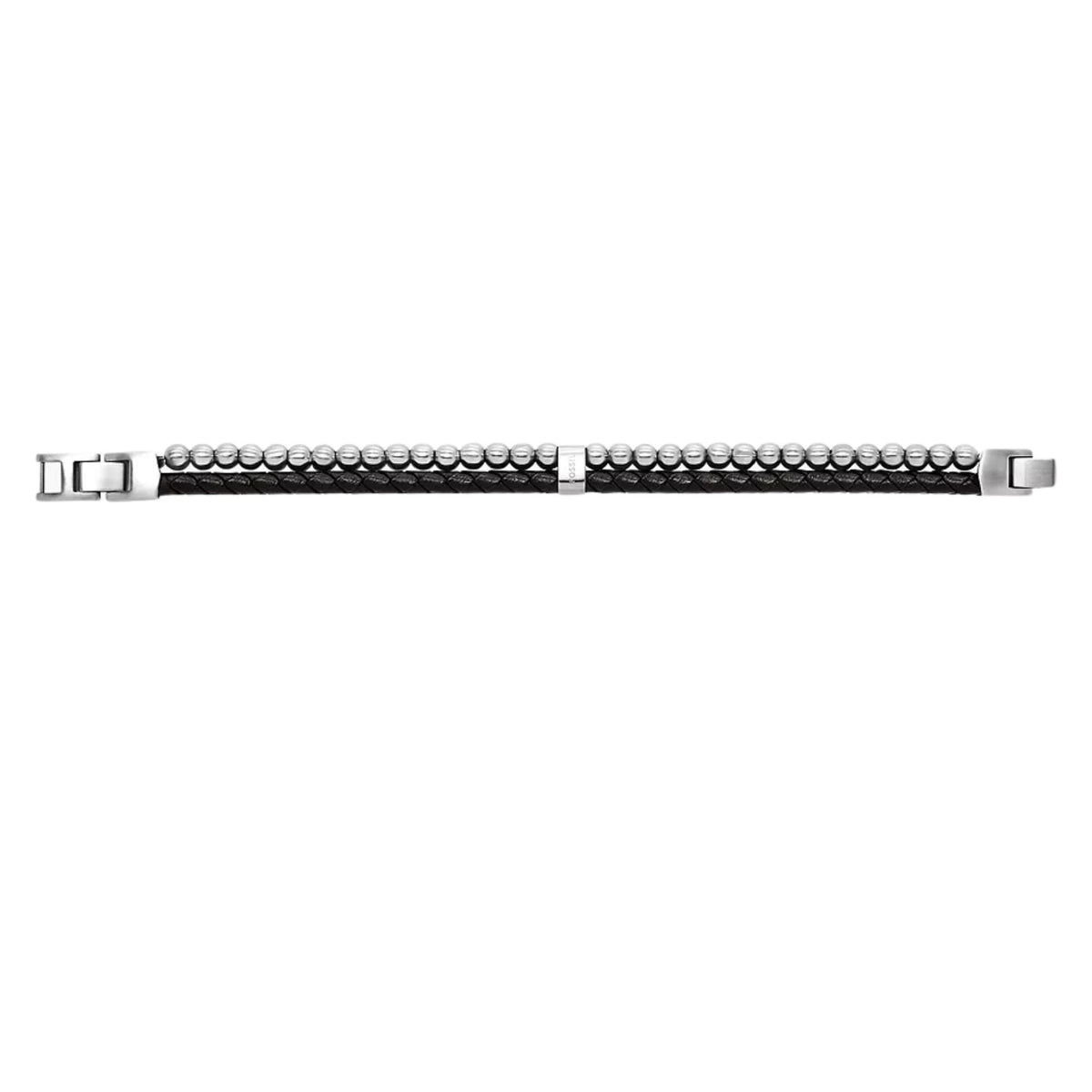Men's black leather and silver-tone bead bracelet with bar connector clasp