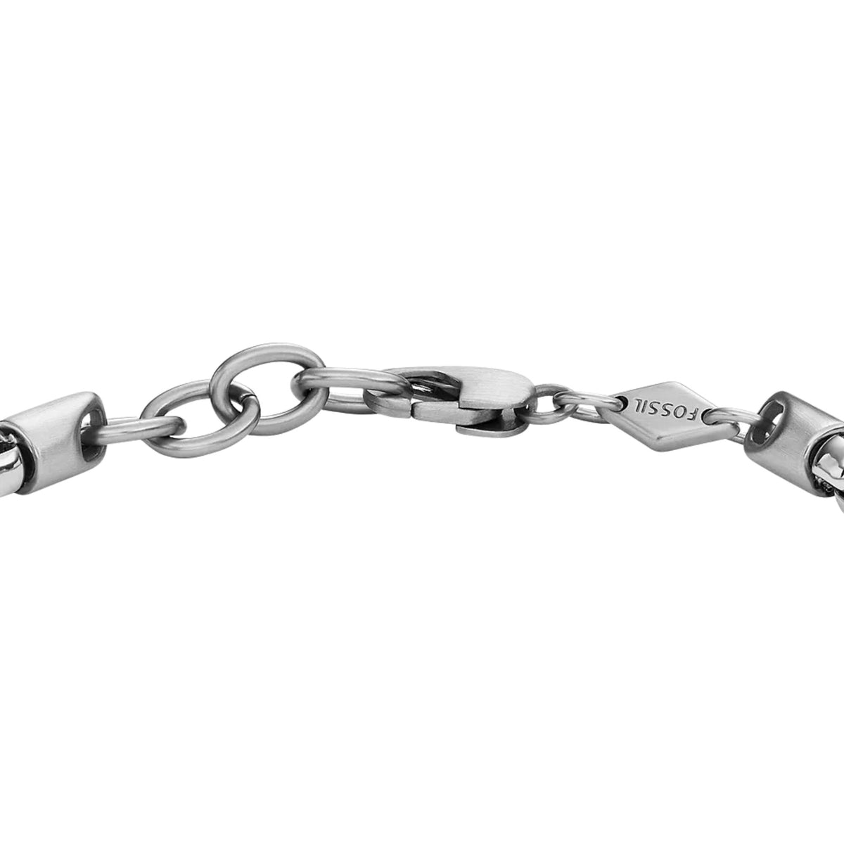 Men's stainless steel chain bracelet with round link ends and metal tag clasp