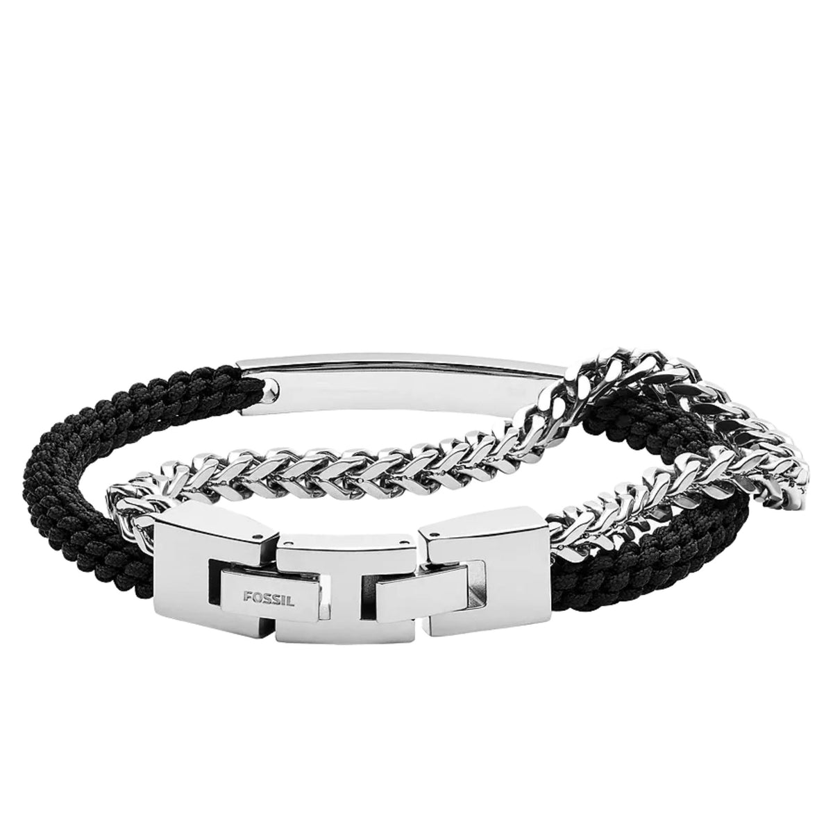 Men's black nylon and silver chain bracelet with rectangular FOSSIL logo clasp