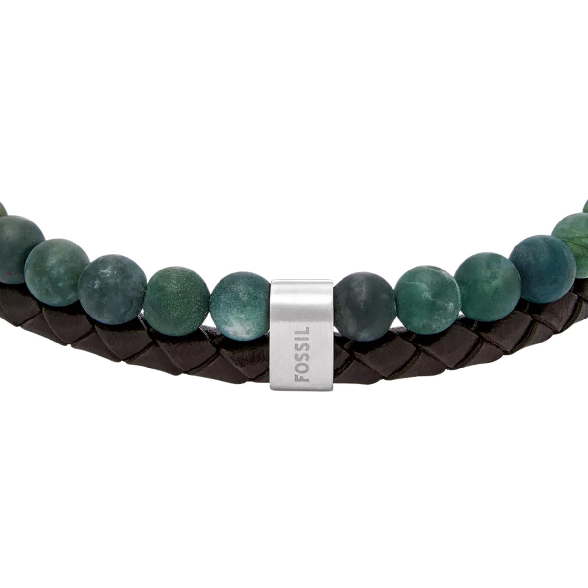 Green round beads on brown leather with silver Fossil logo center bar clasp