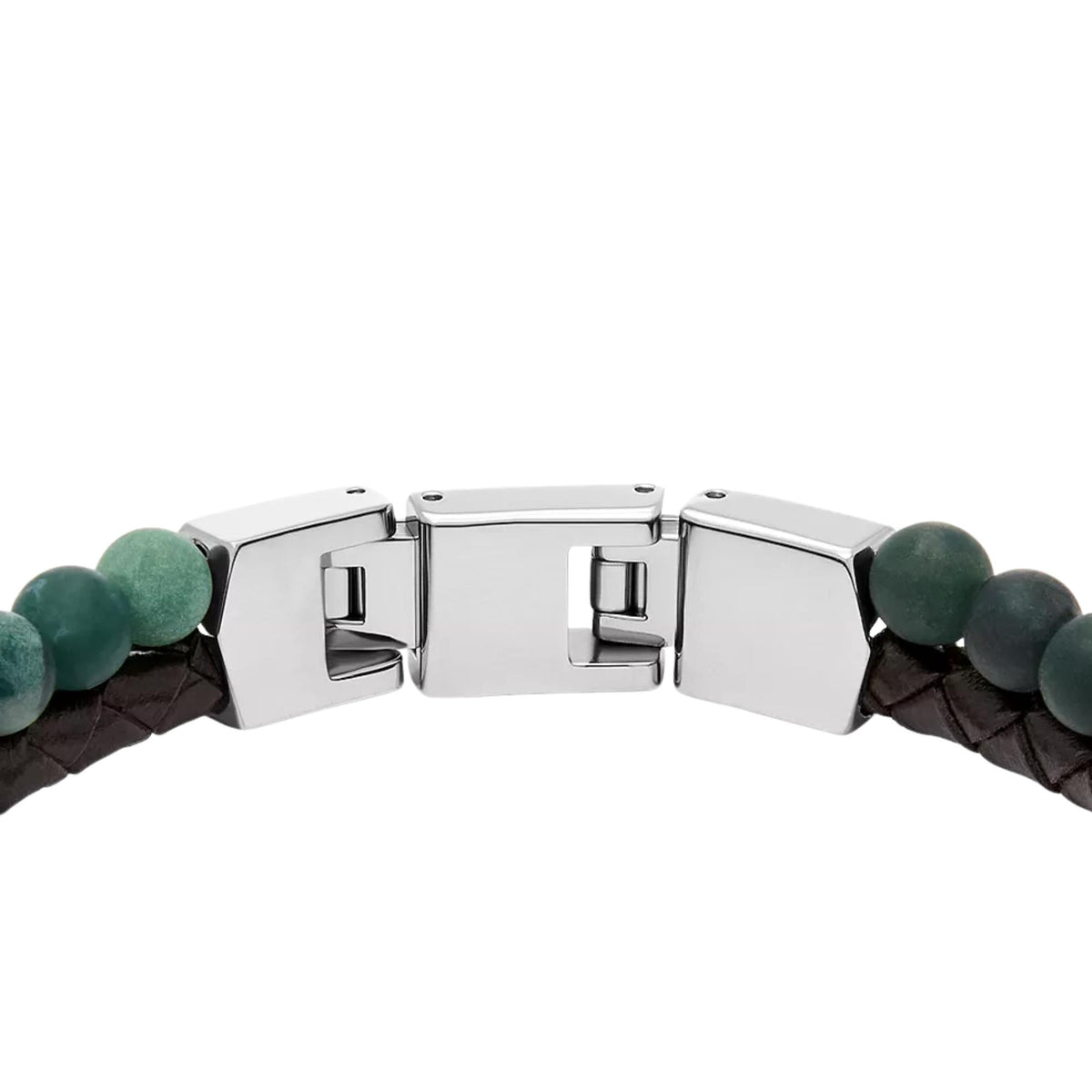 Close-up of silver buckle clasp and green beads on brown leather wrap bracelet