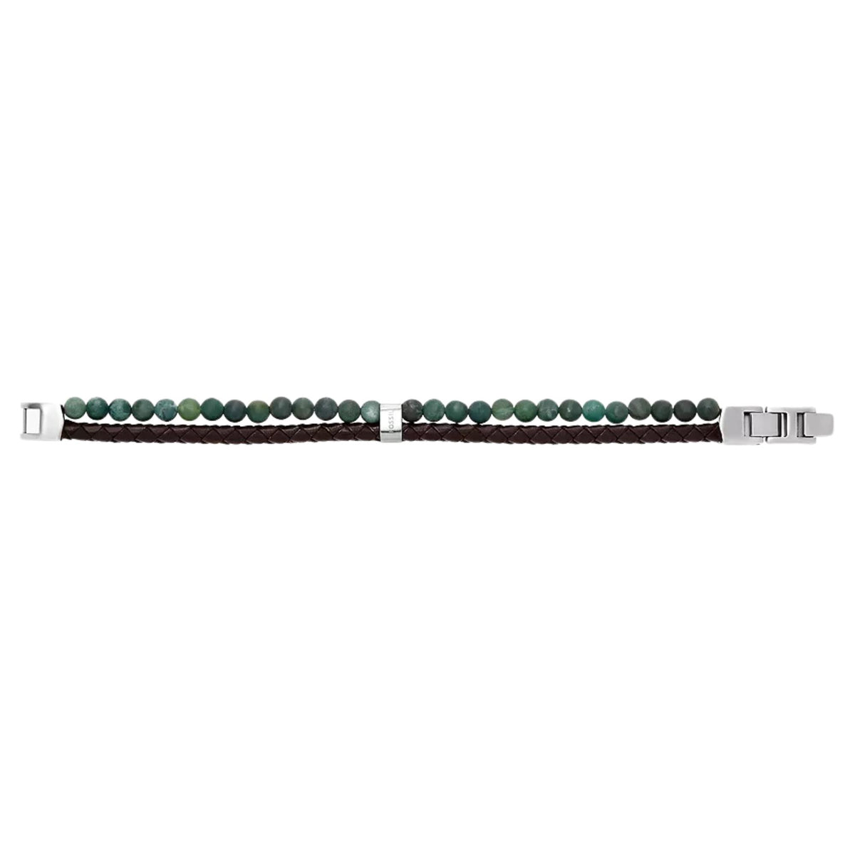 Flat lay of men's green bead and brown leather multi-strand bracelet with silver clasp
