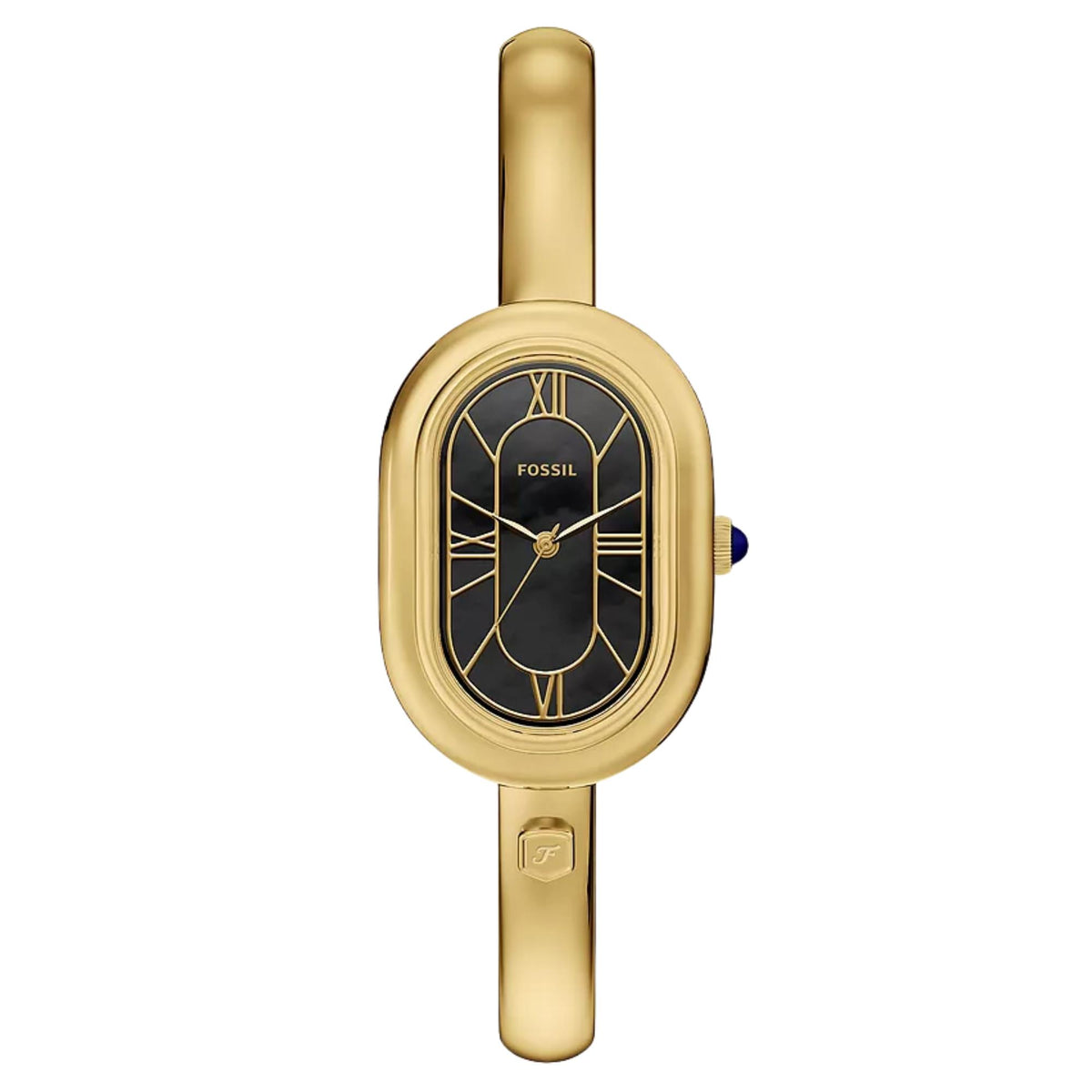 Front view of the Fossil Sloan ladies quartz watch ES5456 showcasing its gold-tone oval case and bangle-style band
