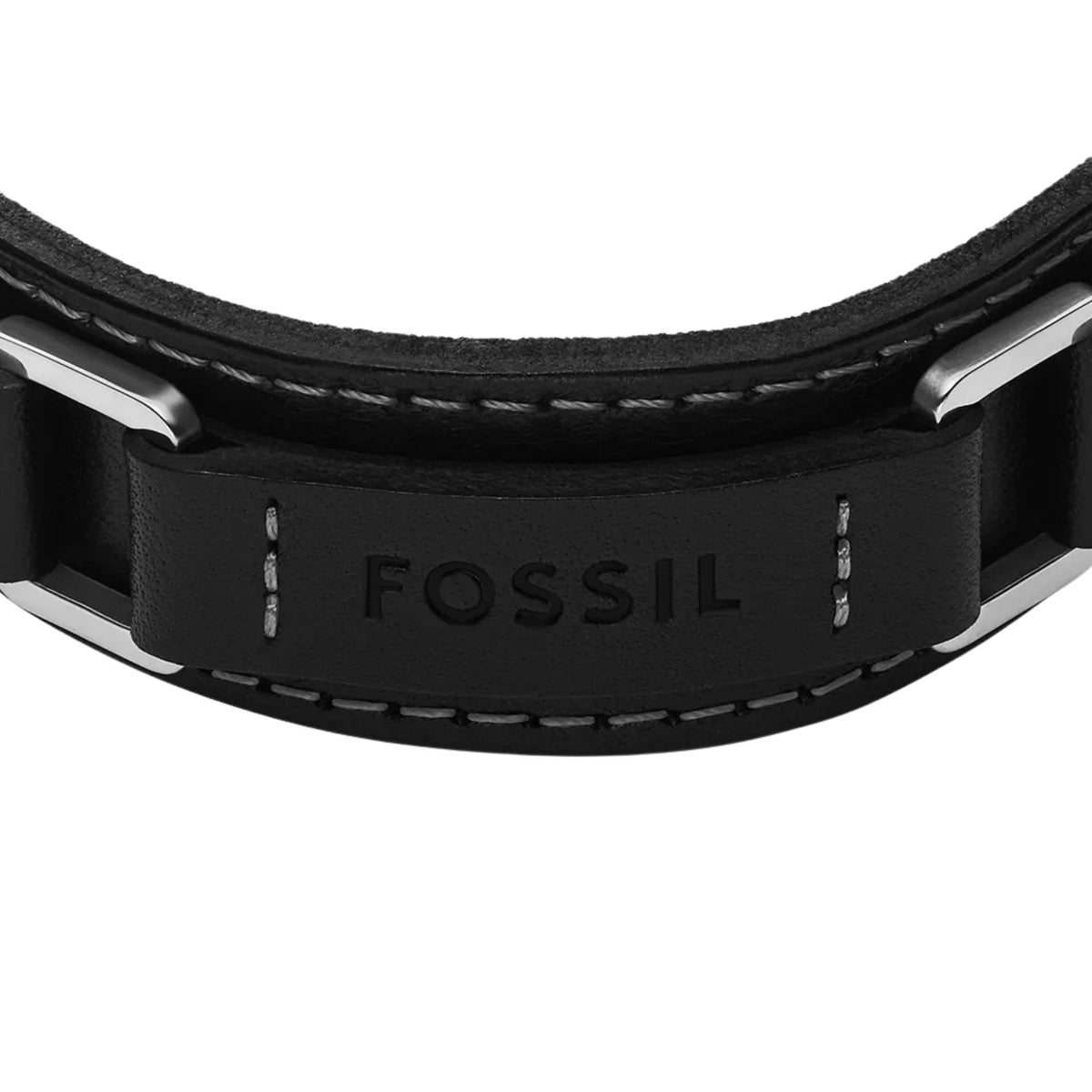 Close-up of black leather bracelet with FOSSIL engraved stainless steel center bar
