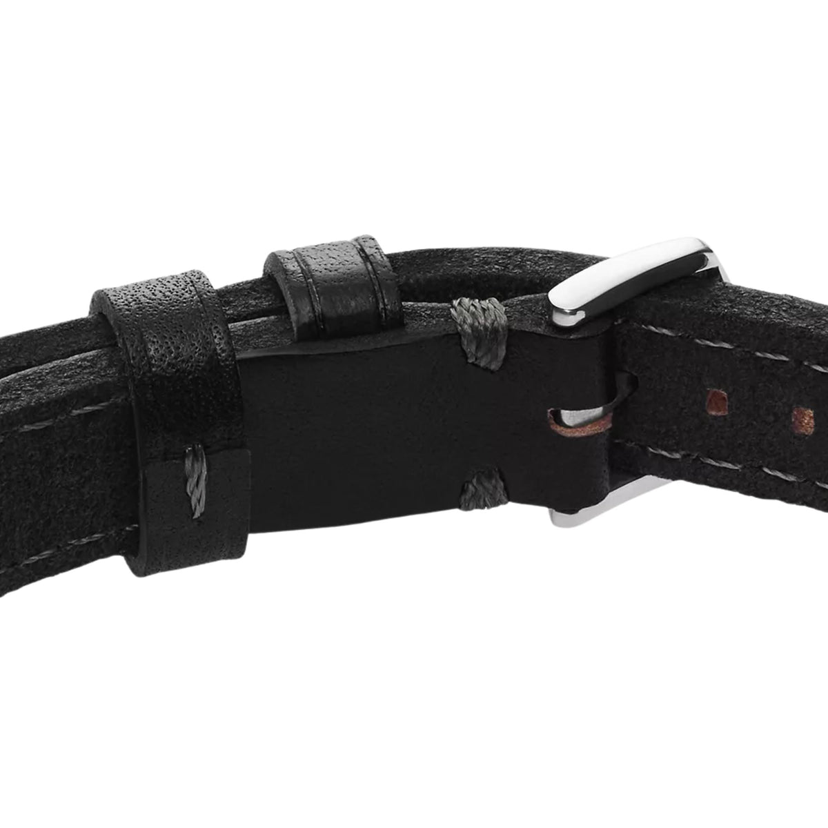 Black leather bracelet clasp with two metal ends and a Fossil logo tab