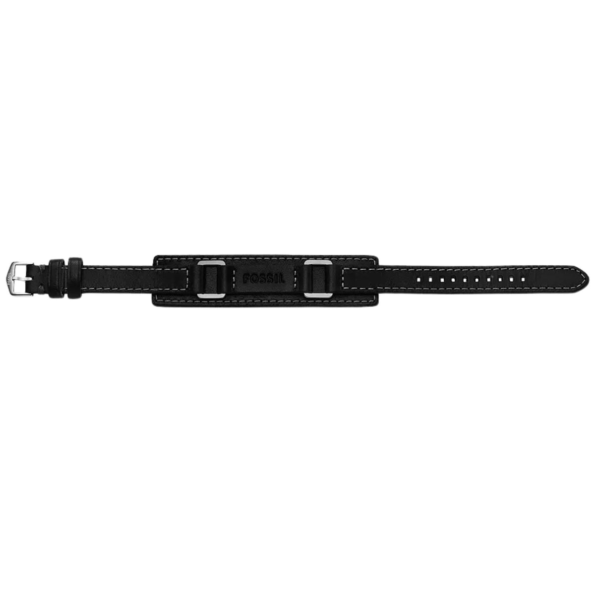 Men's black leather bracelet with metal buckle and Fossil logo center piece