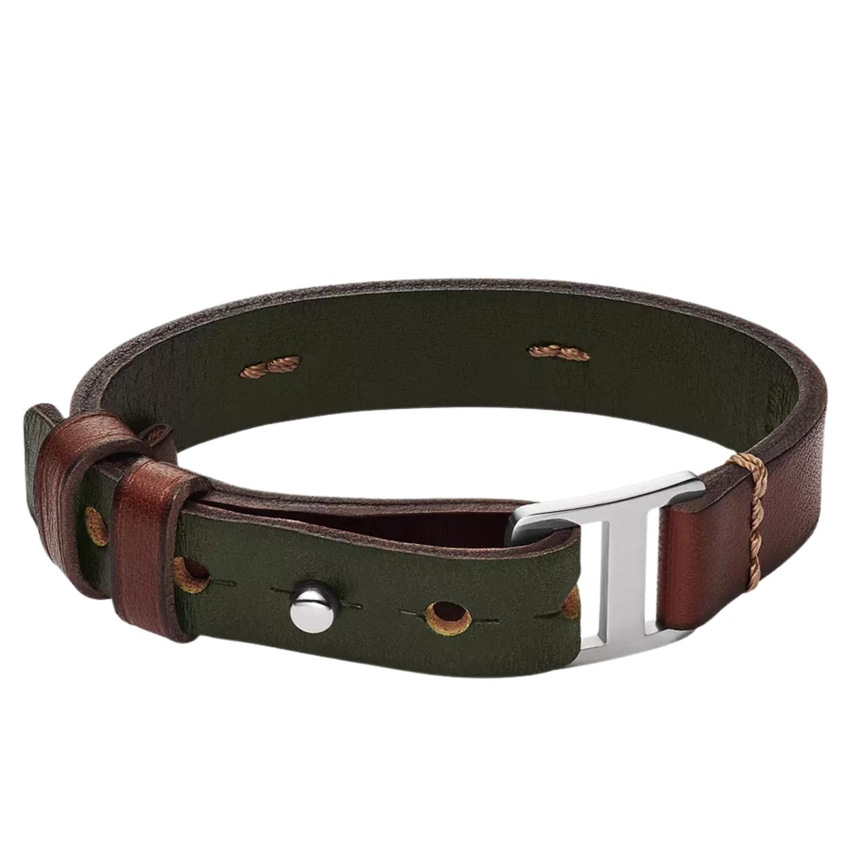 Men’s leather bracelet featuring green interior panel, brown strap, and silver-toned center clasp.