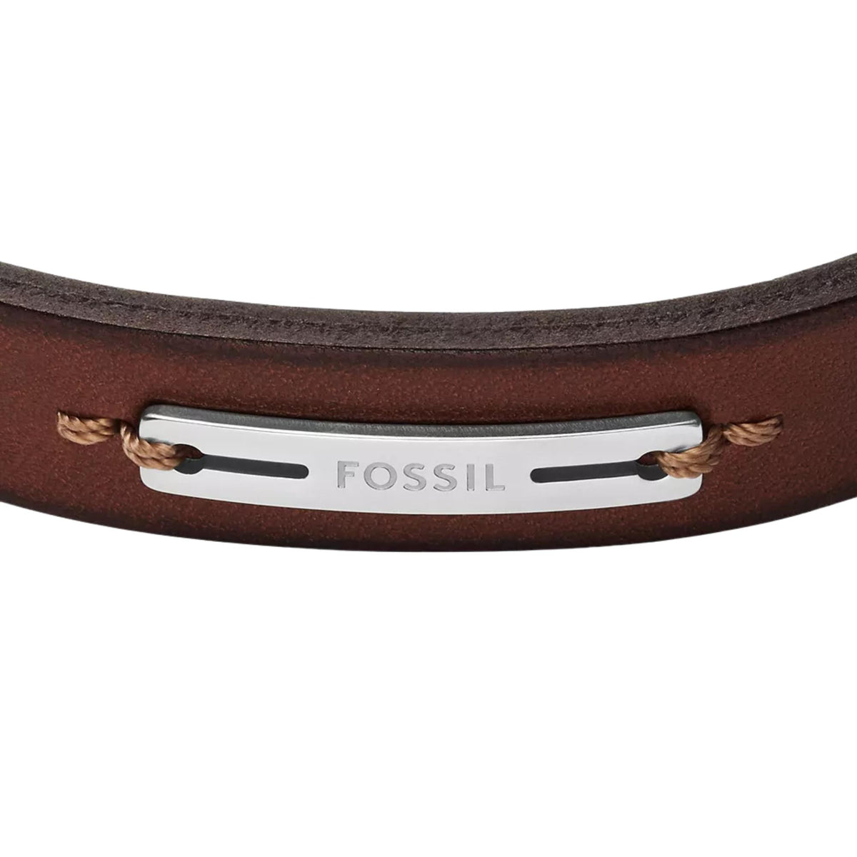 Brown leather bracelet close-up with silver-toned center plate and “FOSSIL” logo.
