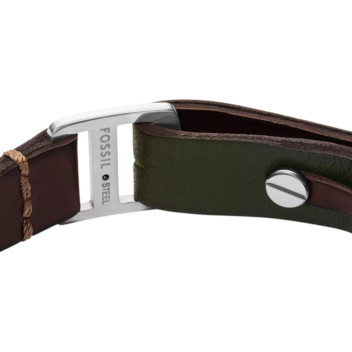 Men’s leather bracelet close-up: brown outer strap, green lining, and silver-toned snap hardware.