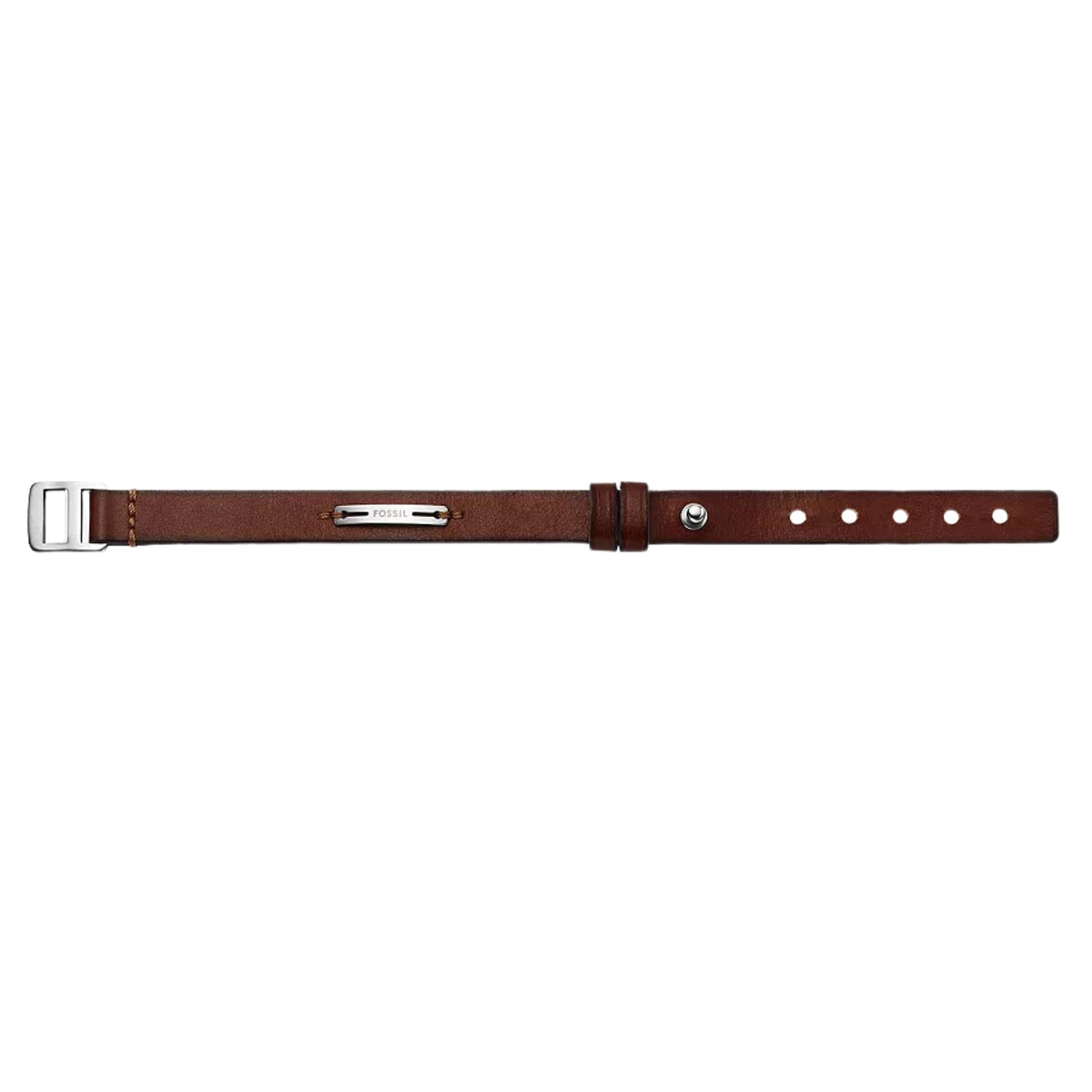 Men’s leather bracelet with rectangular buckle, brown strap and row of adjustment holes.
