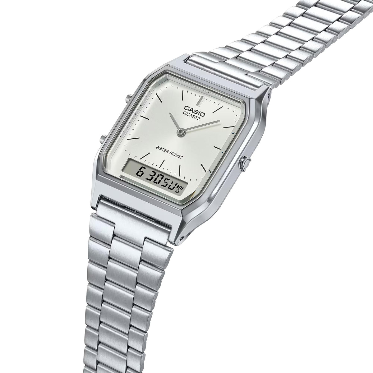 Casio silver steel quartz wrist watch, angled view, white dial, metal bracelet
