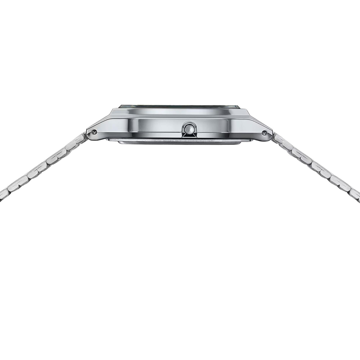 Casio silver steel quartz wrist watch, slim side profile, metal bracelet