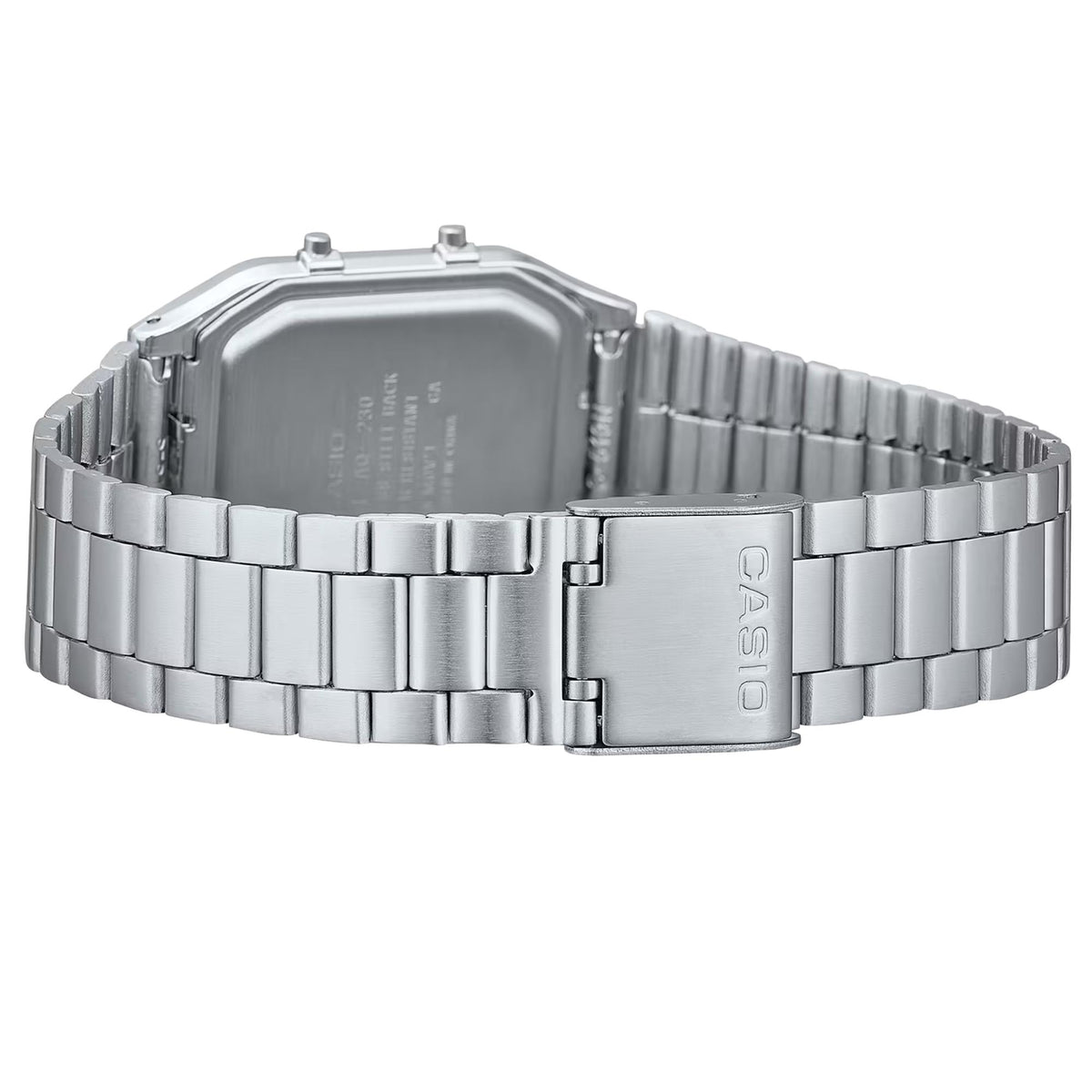 Casio silver steel quartz wrist watch, rear case and clasp, metal bracelet