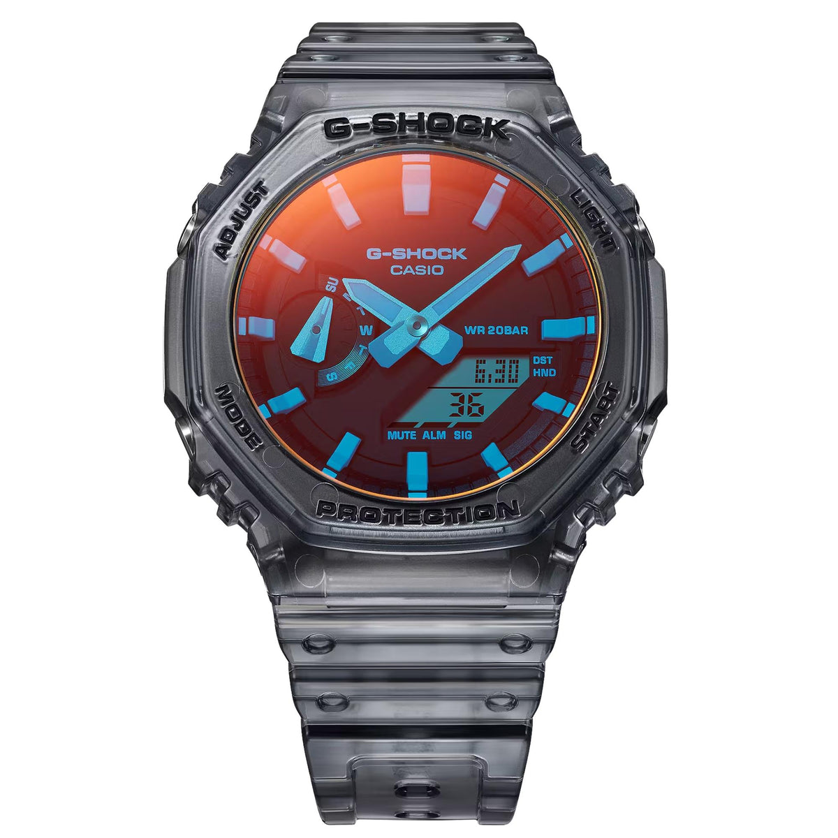 Casio G-Shock GA-2100TLS-8AER watch with orange-blue dial and black resin strap, front view