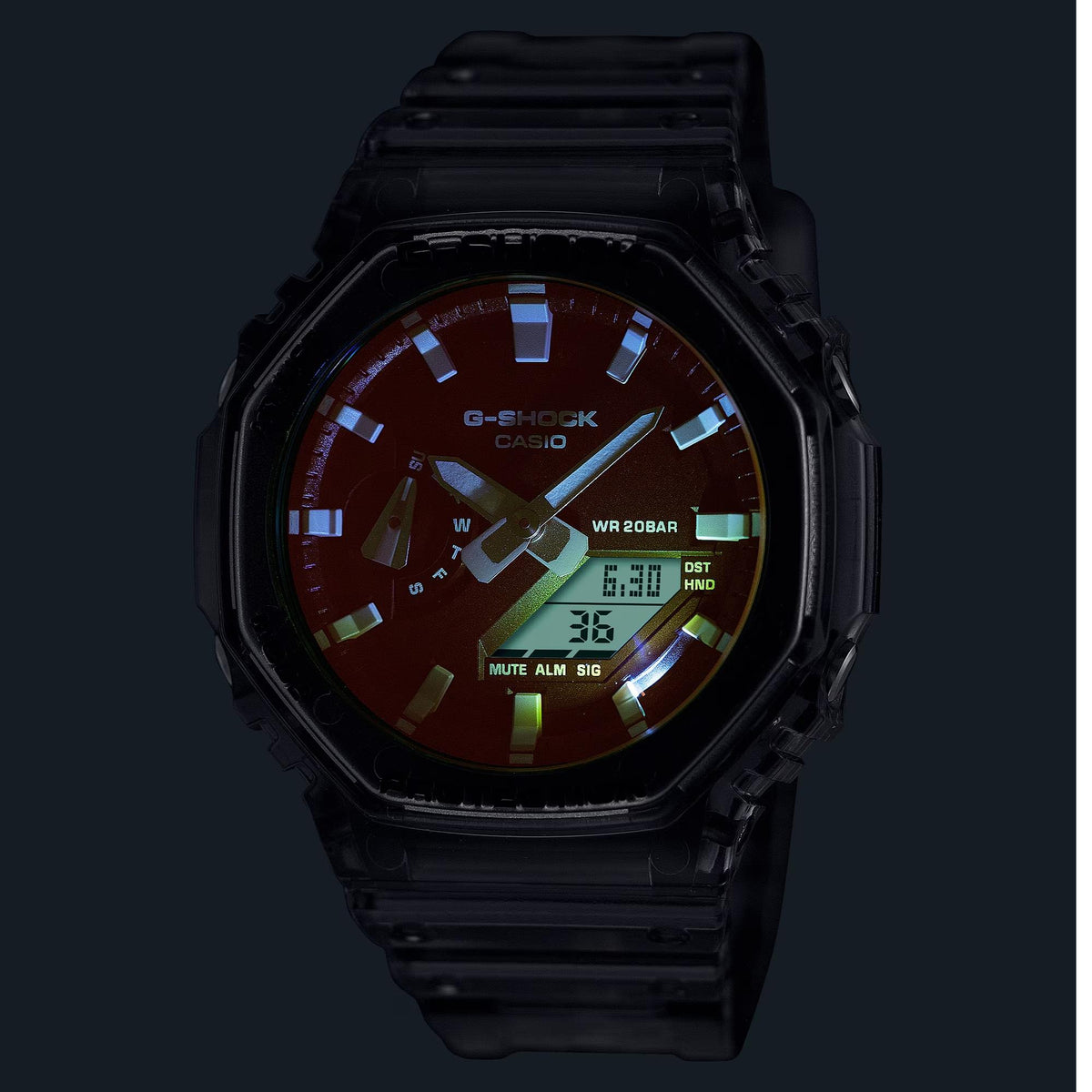 Casio G-Shock watch GA-2100TLS-8AER with orange-blue dial and black resin strap, front view