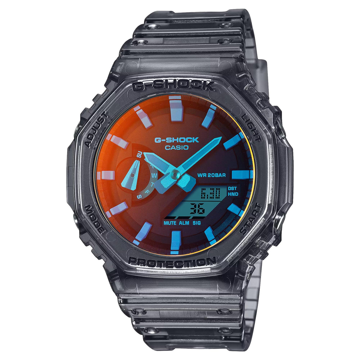 Casio G-Shock watch GA-2100TLS-8AER with orange-blue dial and black resin strap, angled front