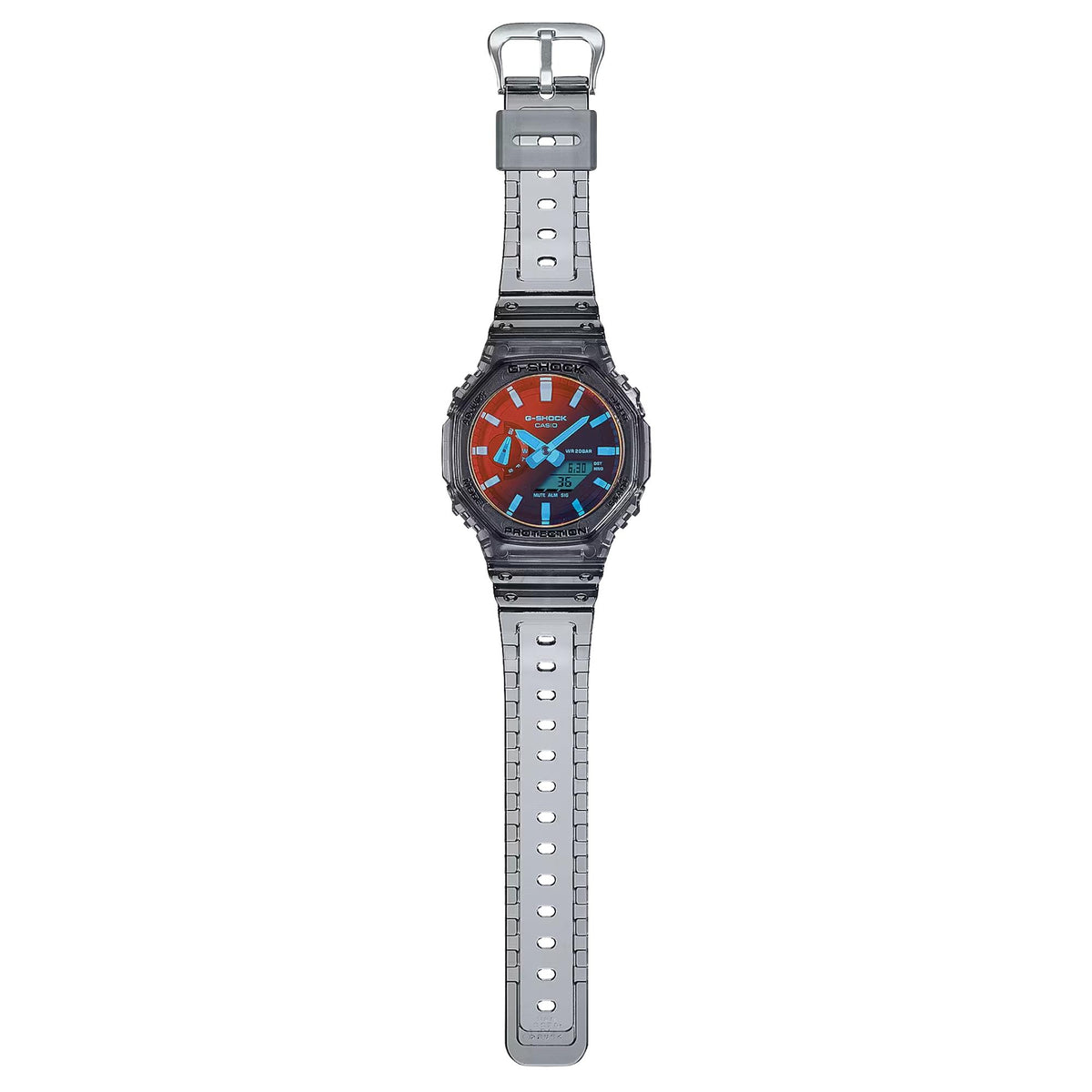 Casio G-Shock watch with orange-blue dial and light-gray resin strap, full view