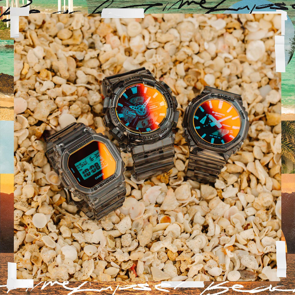 Three Casio G-Shock watches with black resin straps and orange-blue dials, top view
