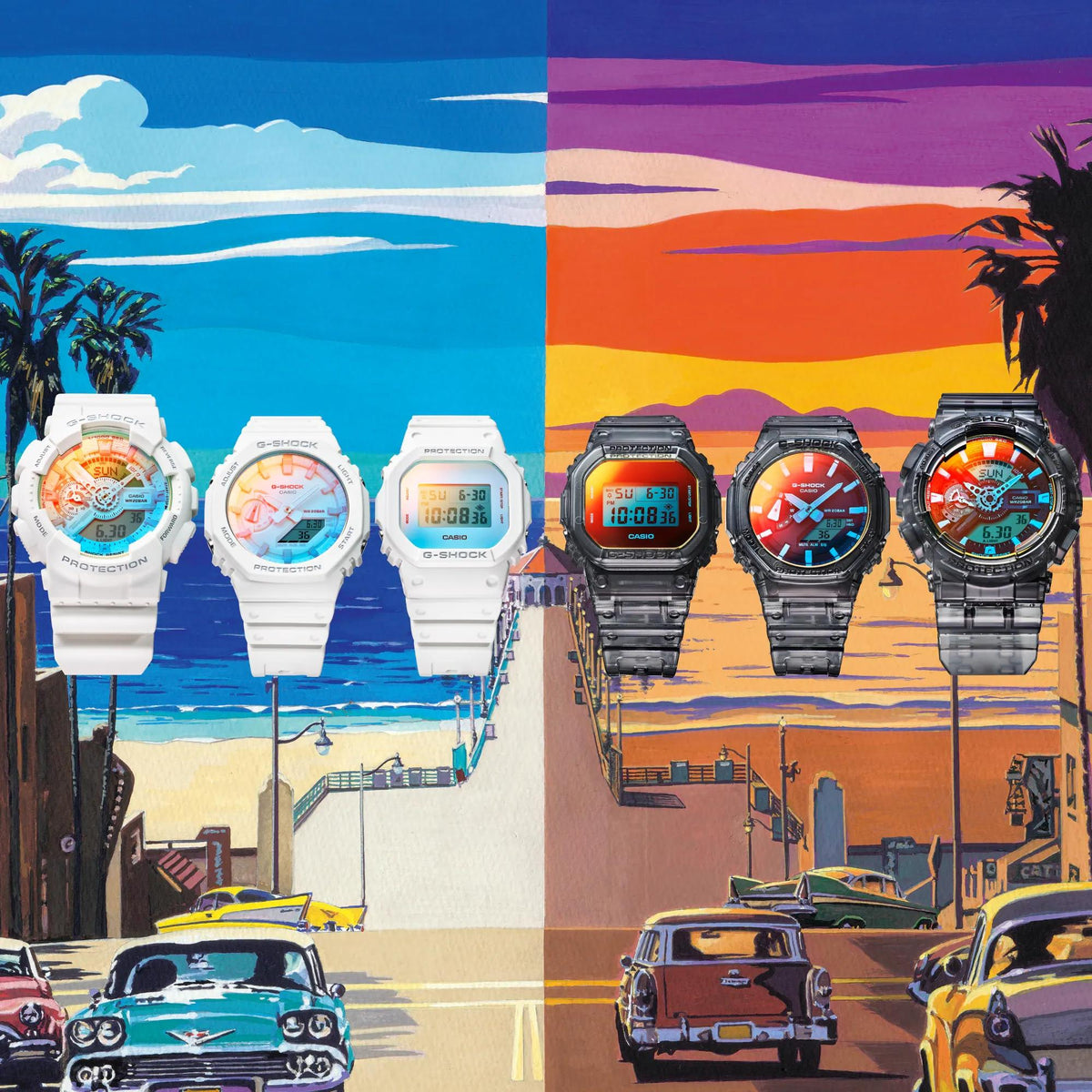 Group of Casio G-Shock watches with white and black resin straps and colorful dials