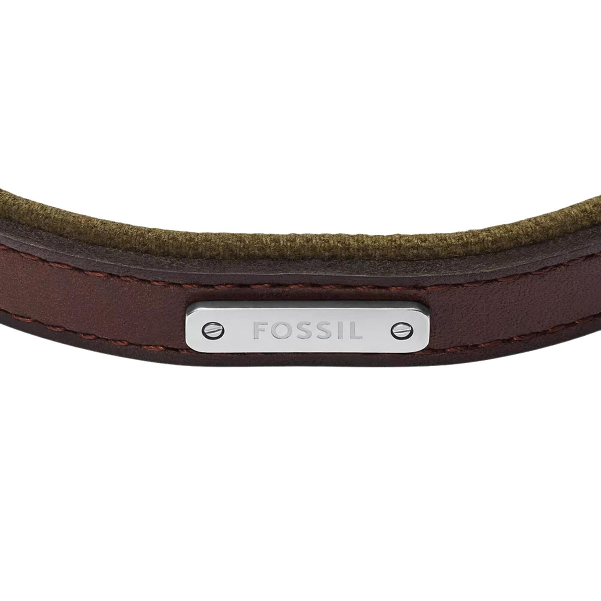 Leather bracelet close-up with silver Fossil logo plate and dark-brown stitched edge