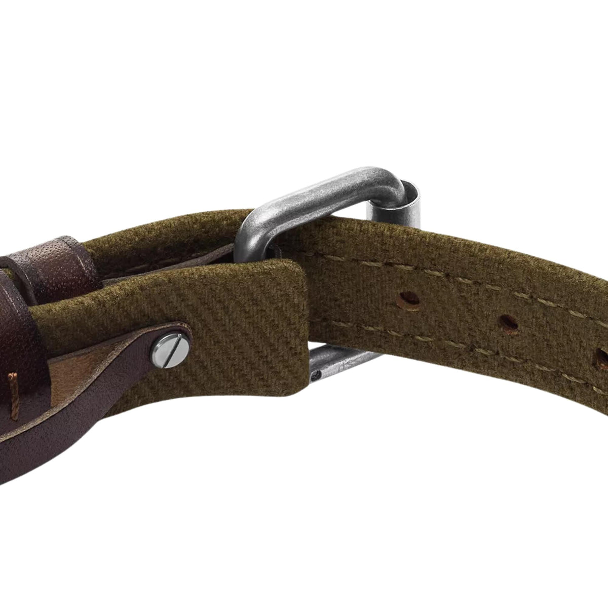 Leather bracelet with oval metal clasp and olive backing strap with perforated sizing holes