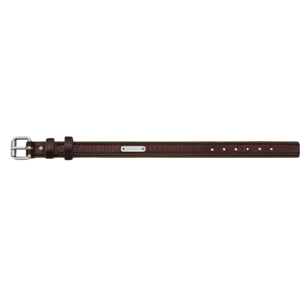 Leather bracelet strap with metal buckle, brown tones, and Fossil logo bar