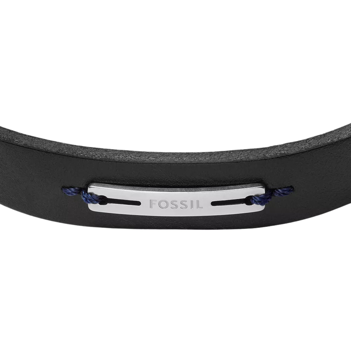 Black leather bracelet strap with blue stitching and a silver Fossil-style nameplate