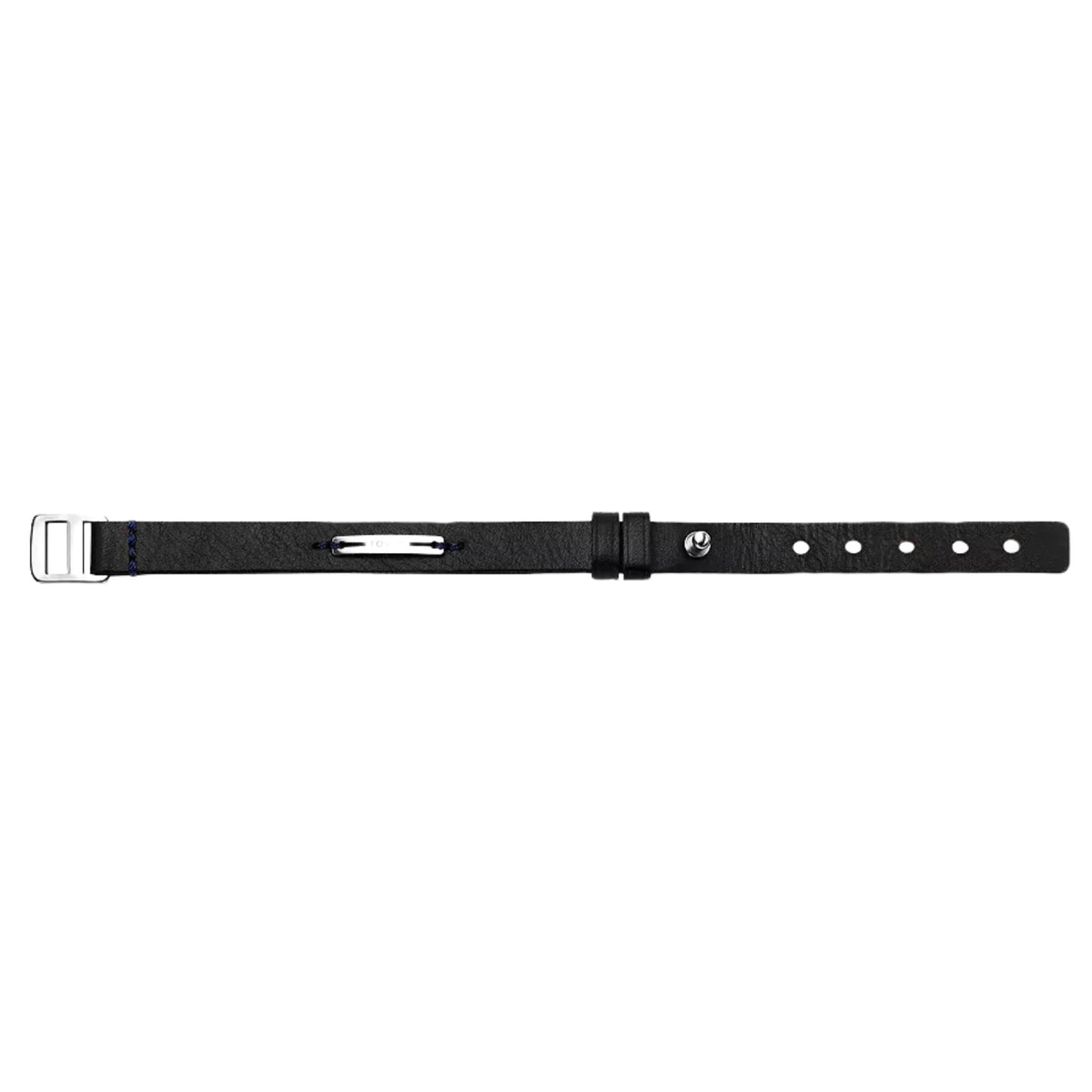 Adjustable black leather bracelet strap with silver buckle and metal alignment holes