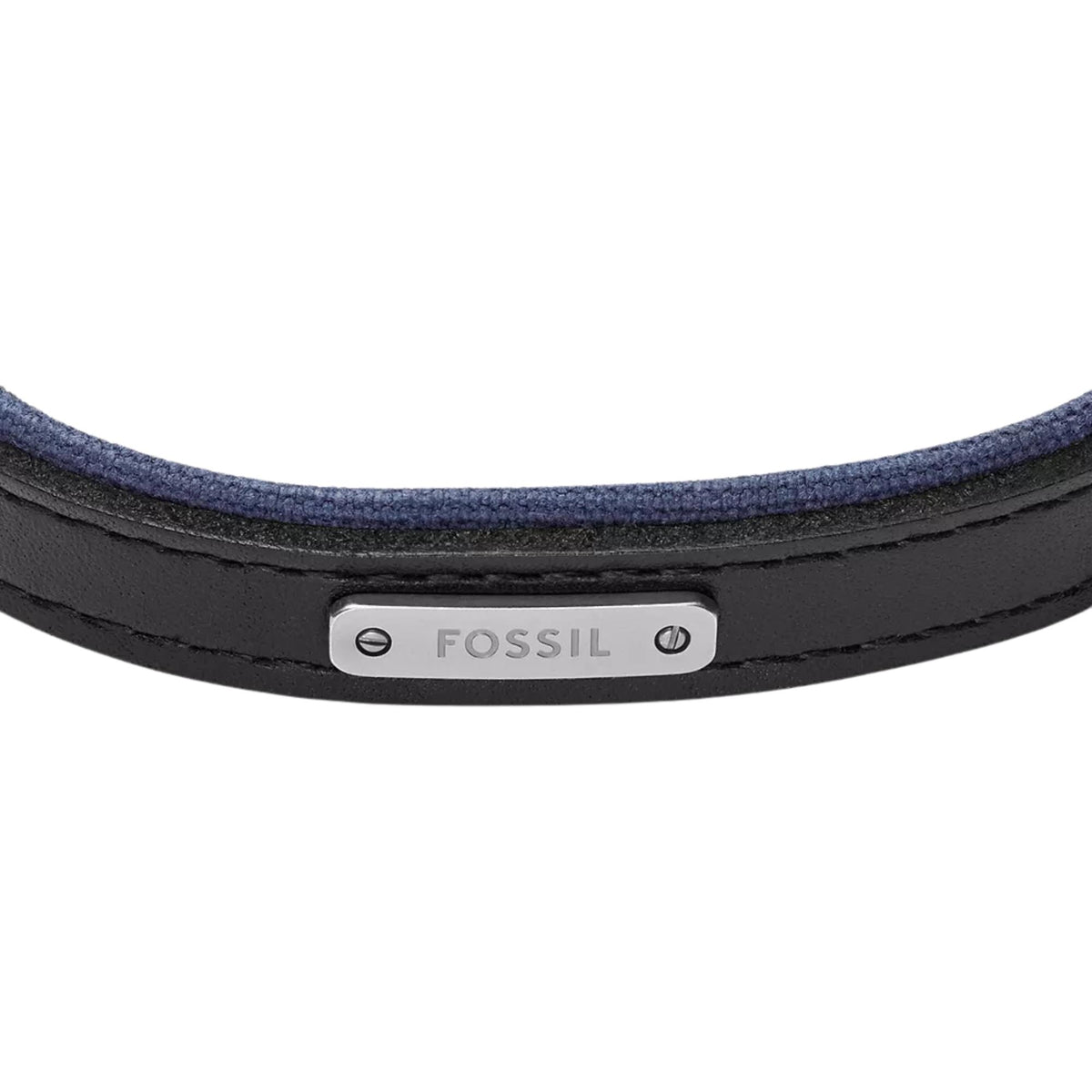 Men's black leather bracelet band with Fossil logo plate and visible stitching.