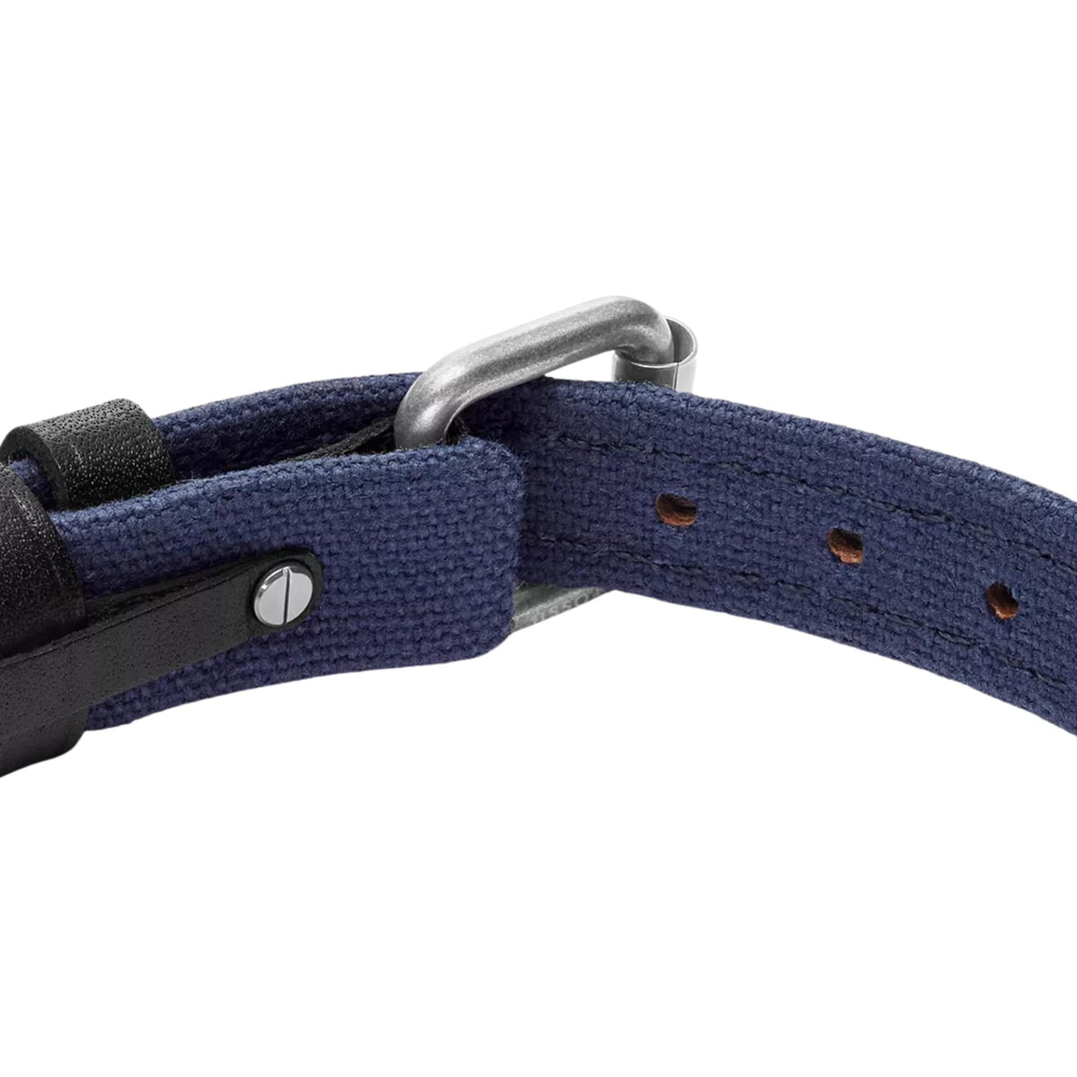 Men's bracelet with blue woven strap, black leather ends, and silver metal ring.