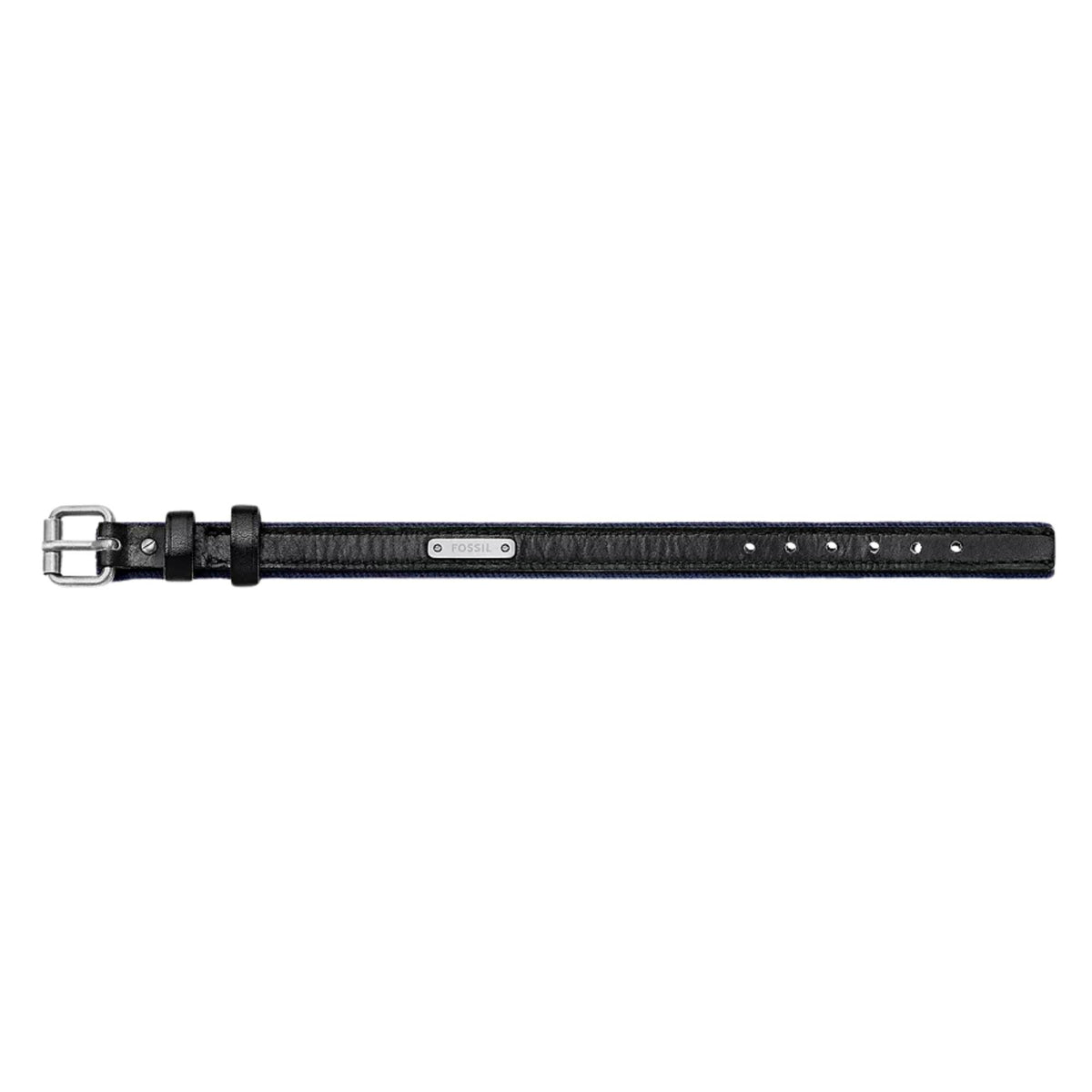 Men's leather strap bracelet with blue front, black backing, and row of adjustment holes.