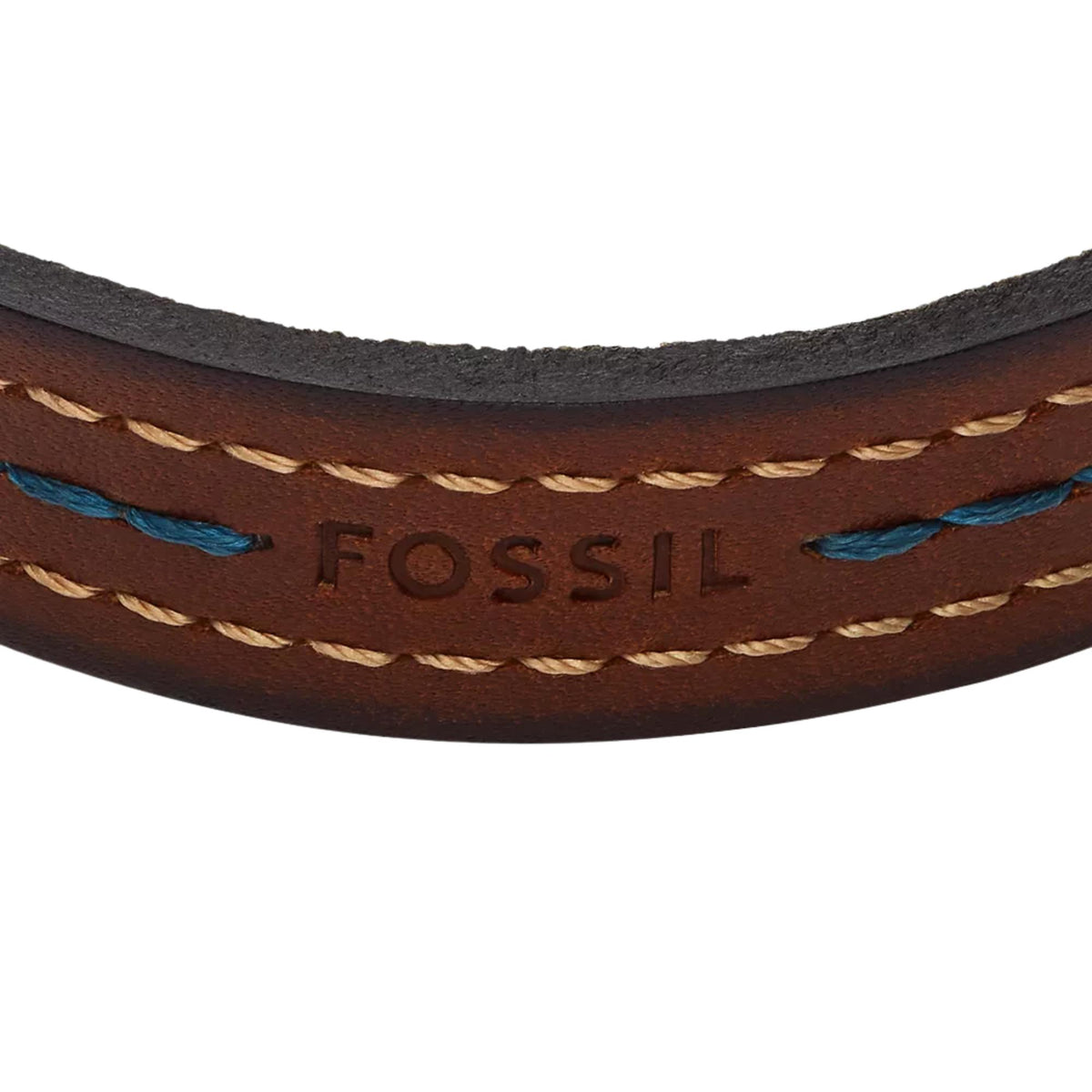 Brown leather bracelet with blue and tan topstitching and Fossil lettering