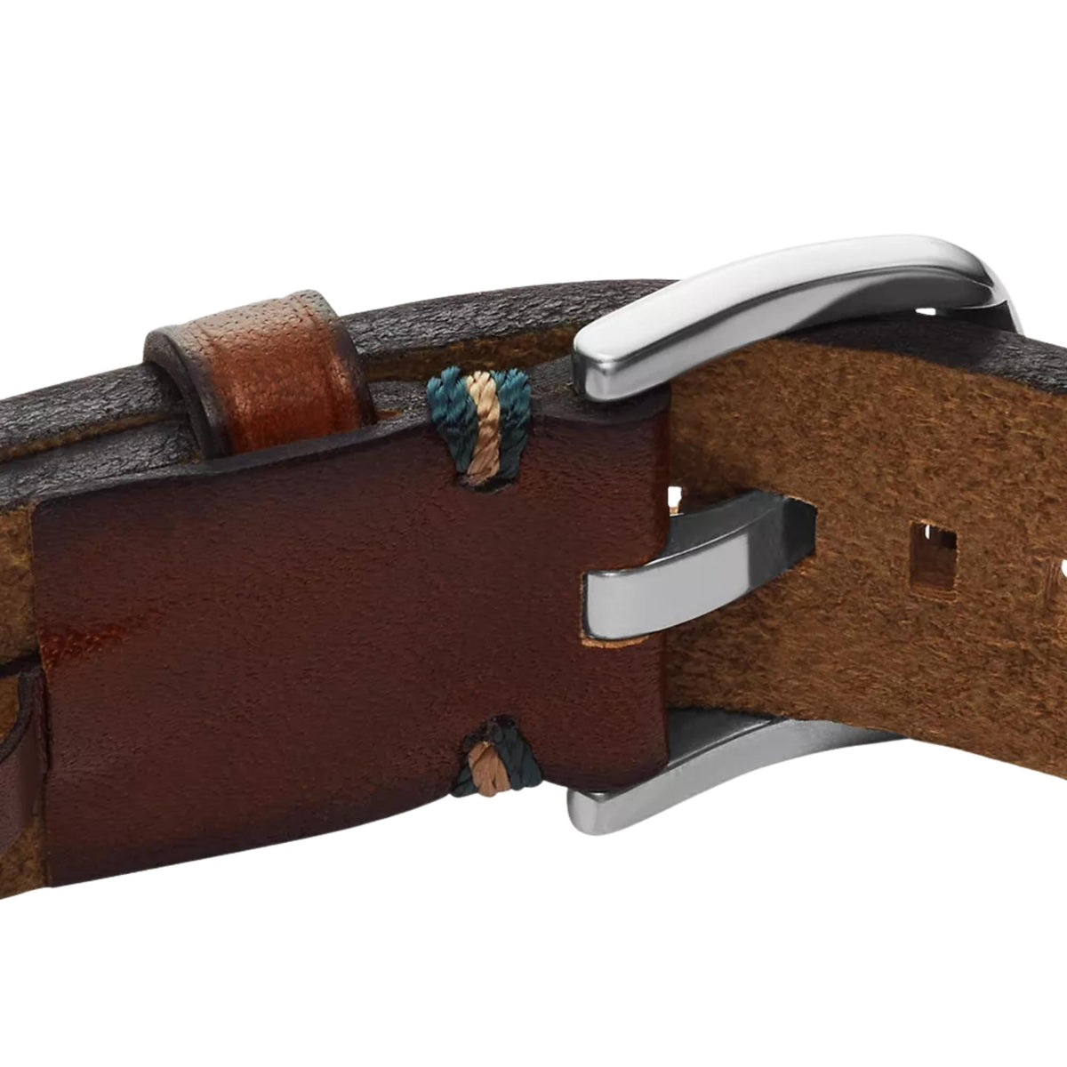 Brown leather clasp bracelet with silver-toned buckle and blue stitch accents