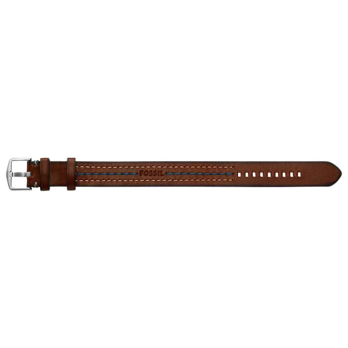 Brown leather bracelet strap with silver buckle and Fossil-printed center