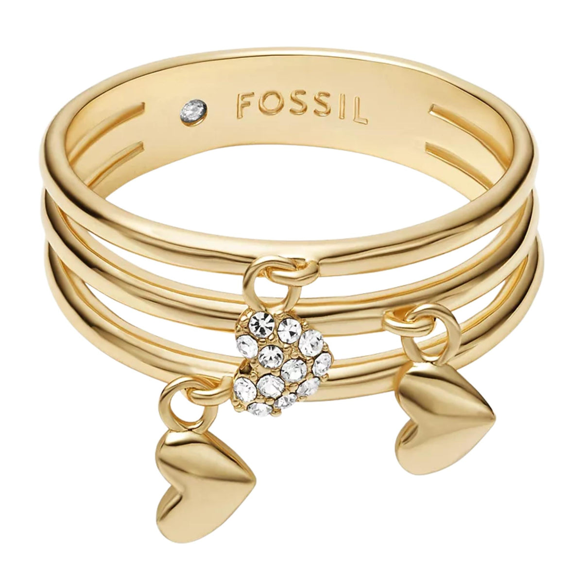 Gold-tone Fossil ring with layered bands, heart dangle, and round stone cluster