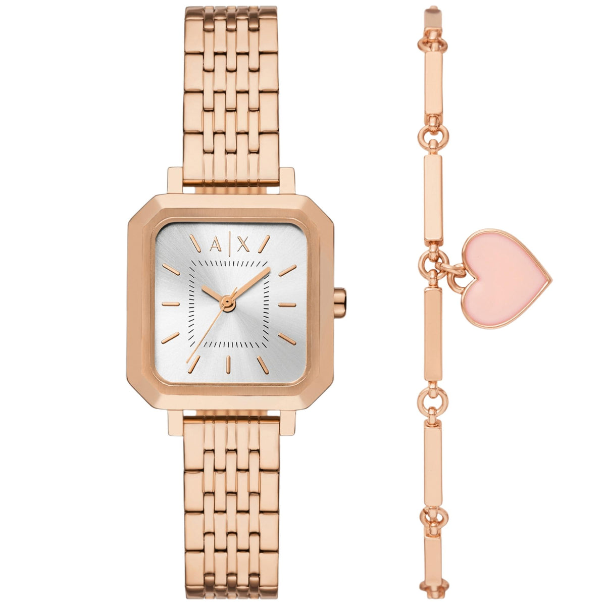 Rose-gold ladies watch with white dial and matching bracelet with pink heart charm