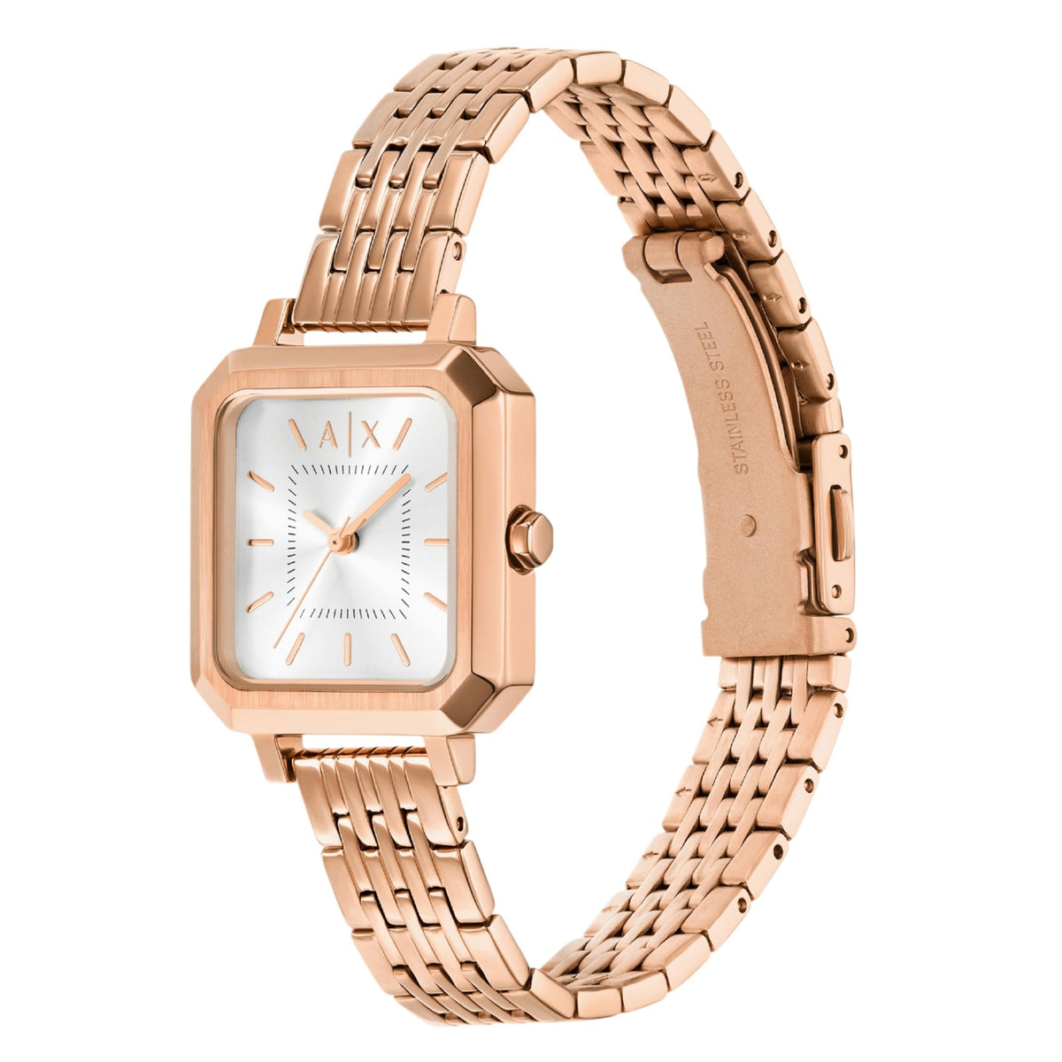 Rose-gold ladies wristwatch with white dial, octagonal case, and metal link strap