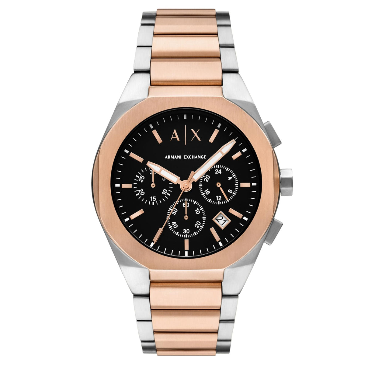 Mens chronograph watch with black dial, rose gold/steel bracelet, subdial chronograph