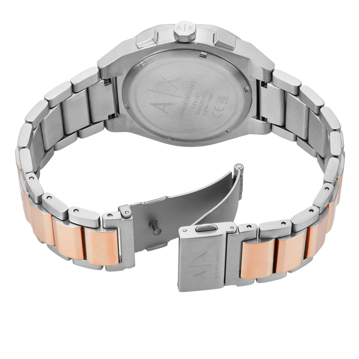 Mens chronograph watch case back view with steel bracelet and rose gold links