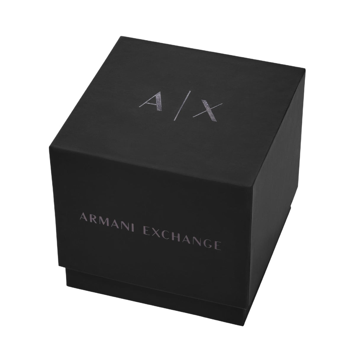 Armani Exchange watch gift box, black with A/X logo and ARMANI EXCHANGE text