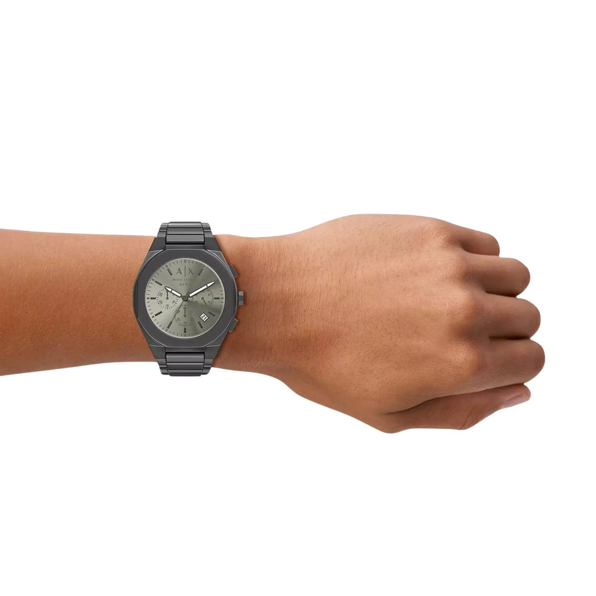 Armani Exchange Sync grey chronograph watch worn on wrist displaying modern all-black steel design