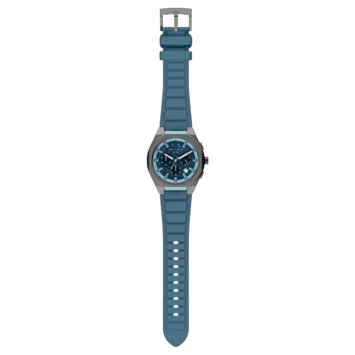 Armani Exchange Sync 44mm blue chronograph mens quartz watch displayed with full blue silicone band length