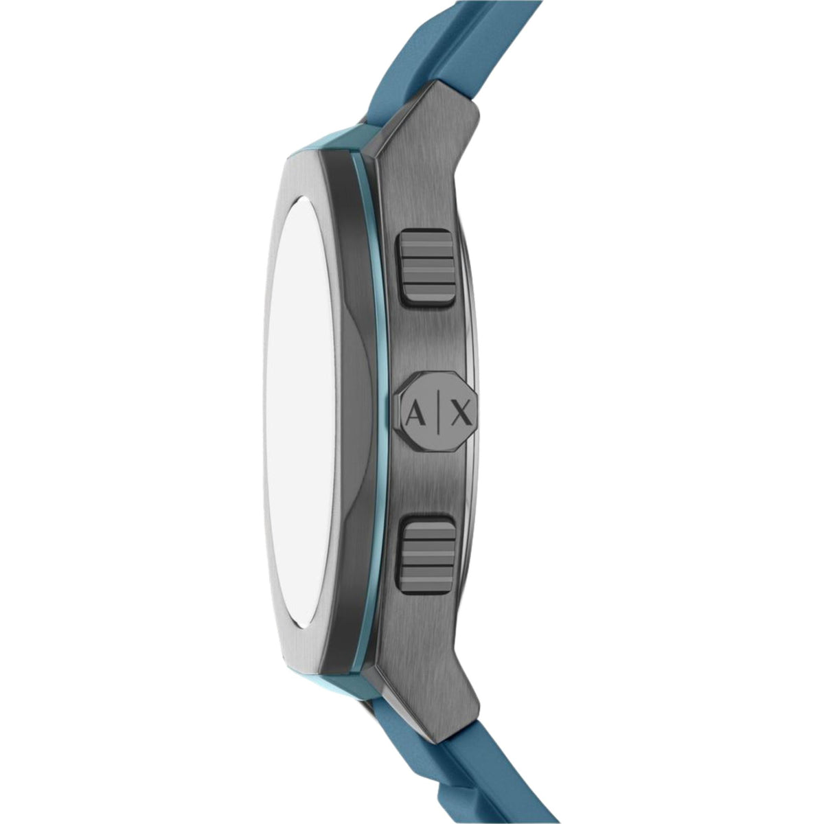 Side view of Armani Exchange Sync blue dial watch highlighting pushers, crown and silicone strap connection