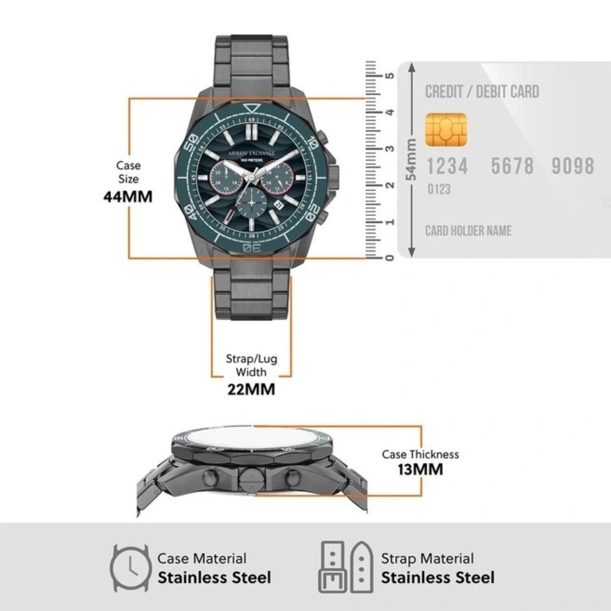 Armani Exchange Spencer AX1972 case size and dimensions infographic layout